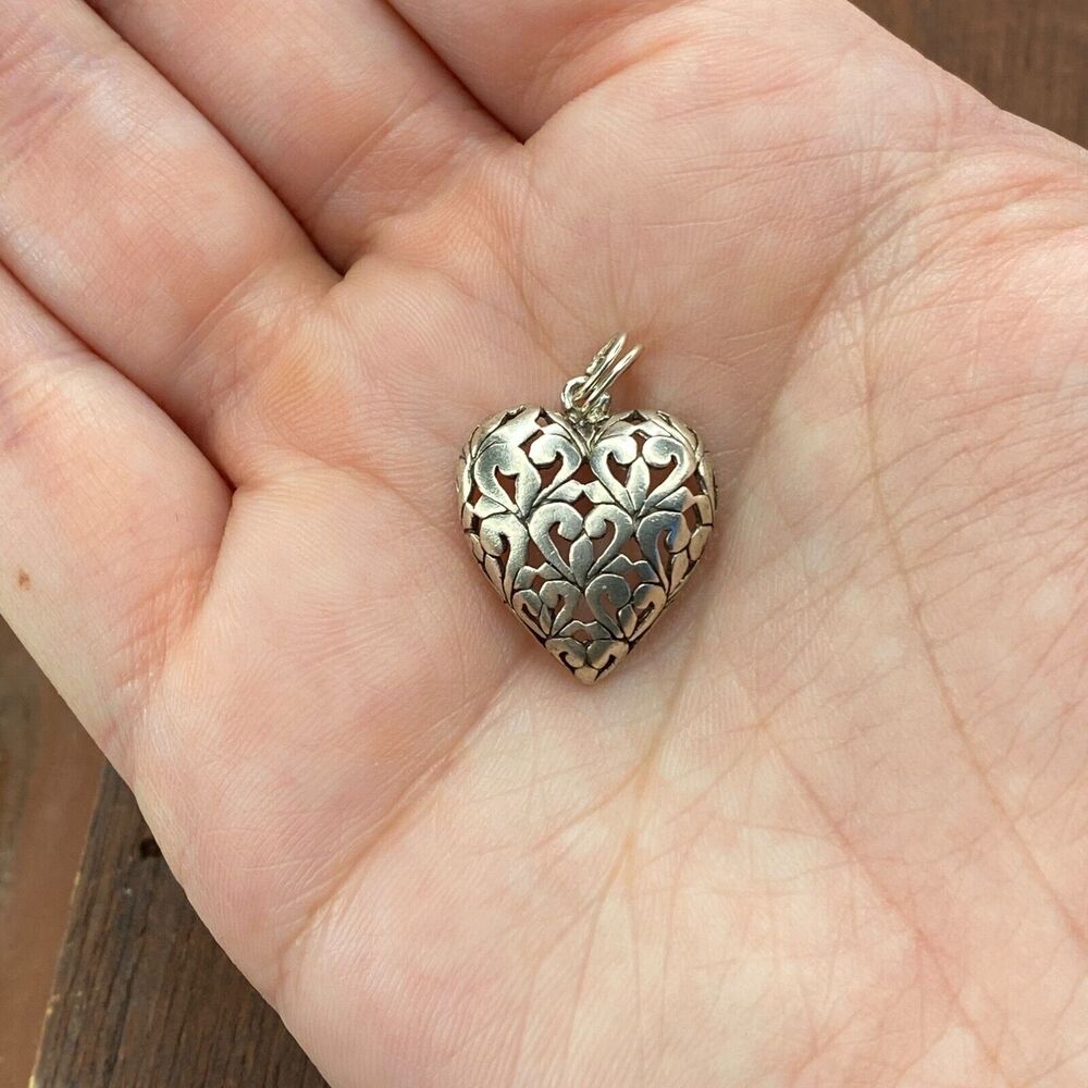 Vintage 925 Sterling Silver Ornate Filigree Scrolls Puffy Heart Pendant Charm